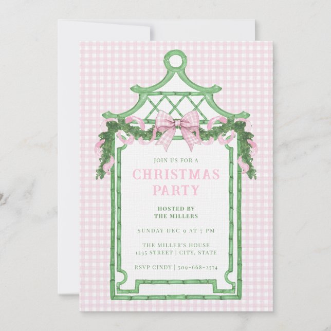 Preppy Chinoiserie Christmas Pagoda Monogram  Invitation (Front)
