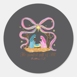 Preppy Christian Nativity Scene The Greatest Gift  Classic Round Sticker