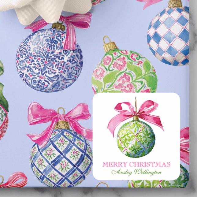 Preppy Christmas Baubles Ornaments Square Sticker (Creator Uploaded)