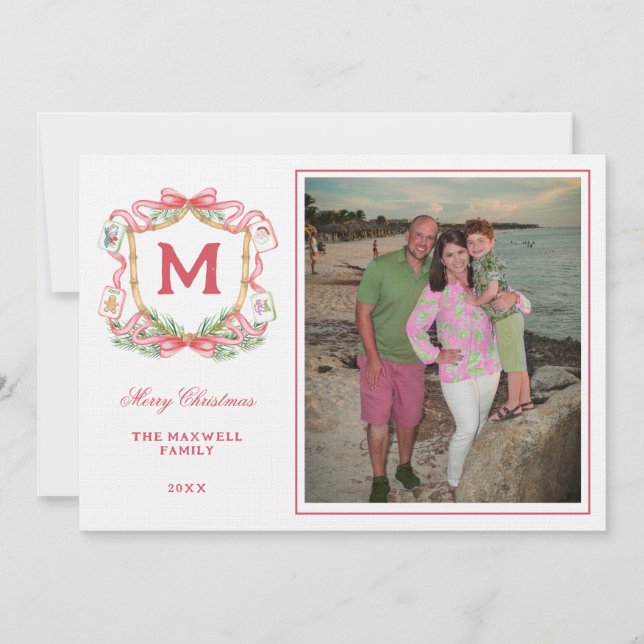 Preppy Christmas Mahjong | Monogram  Photo Card (Front)