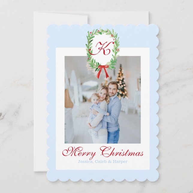 Preppy Christmas Monogram Wreath Holiday Card (Front)