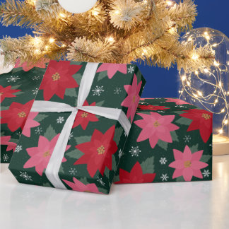 Preppy Christmas Poinsettias & Snowflakes on Green Wrapping Paper