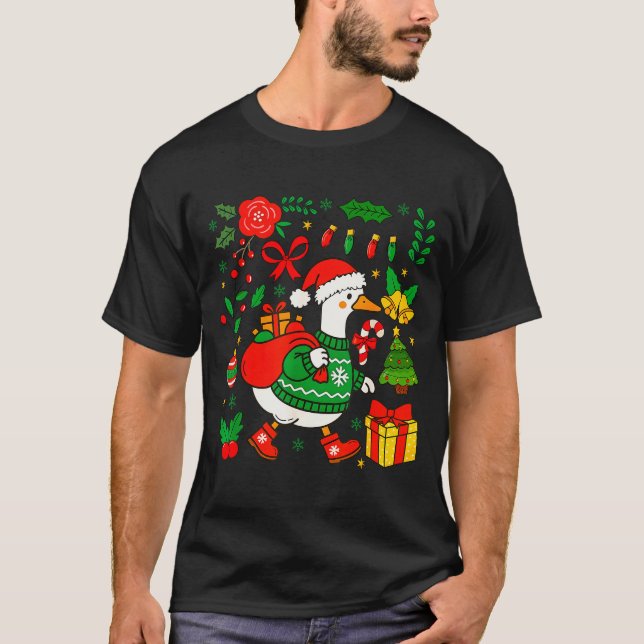Preppy Christmas Santa Gooses Bow Xmas Tree Funny  T-Shirt (Front)