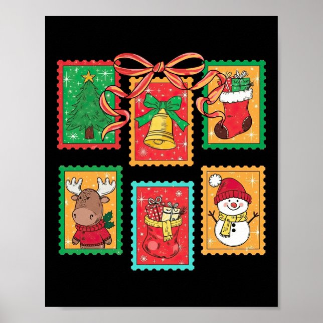 Preppy Christmas Stamps Coquette Bow Reindeer Xmas Poster (Front)
