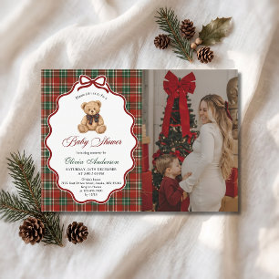 Preppy Christmas Teddy Bear Baby Shower Photo Invitation