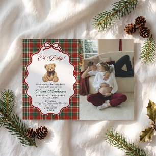 Preppy Christmas Teddy Bear Oh Baby Shower Photo Invitation