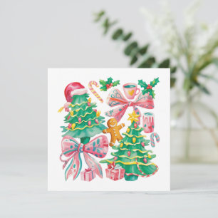 Preppy Christmas Tree Bow Pink Blue Coquette Holiday Card