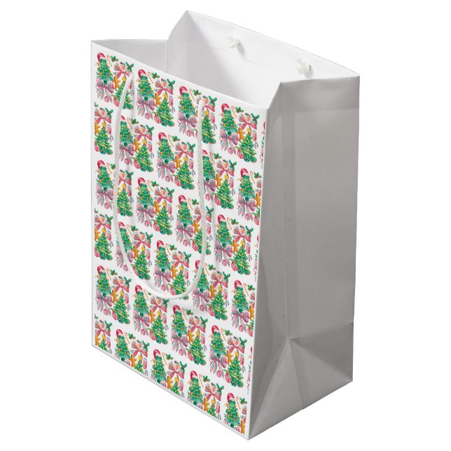 Preppy Christmas Tree Bow Pink Blue Coquette Medium Gift Bag (Back Angled)