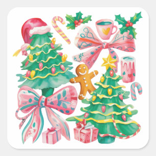 Preppy Christmas Tree Bow Pink Blue Coquette Square Sticker