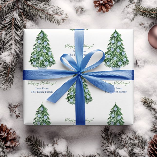 Preppy Christmas Tree Green Blue White Holidays Wrapping Paper (Chinoiserie chic gift wrap design Christmas tree with blue and white ornaments and personalized text)