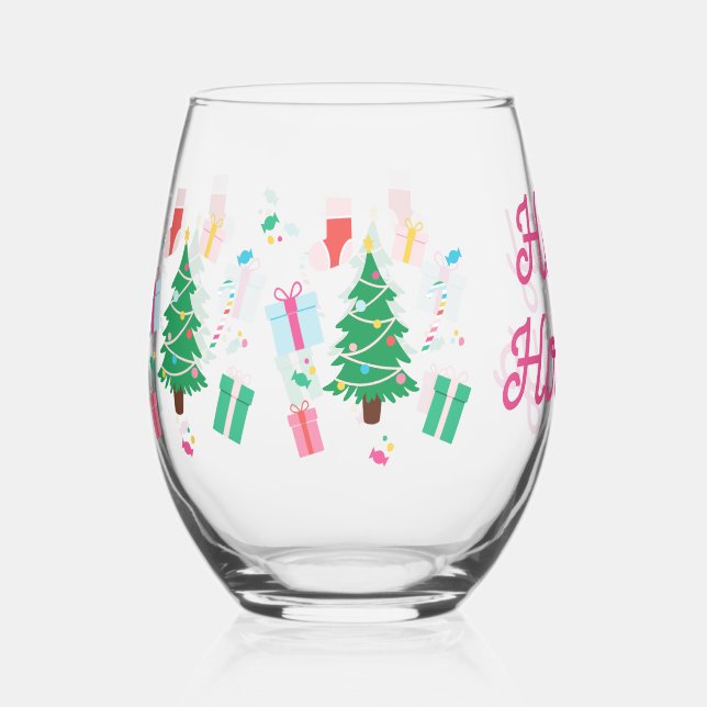 Preppy Christmas Tree Holiday Stemless Wine Glass (Front)
