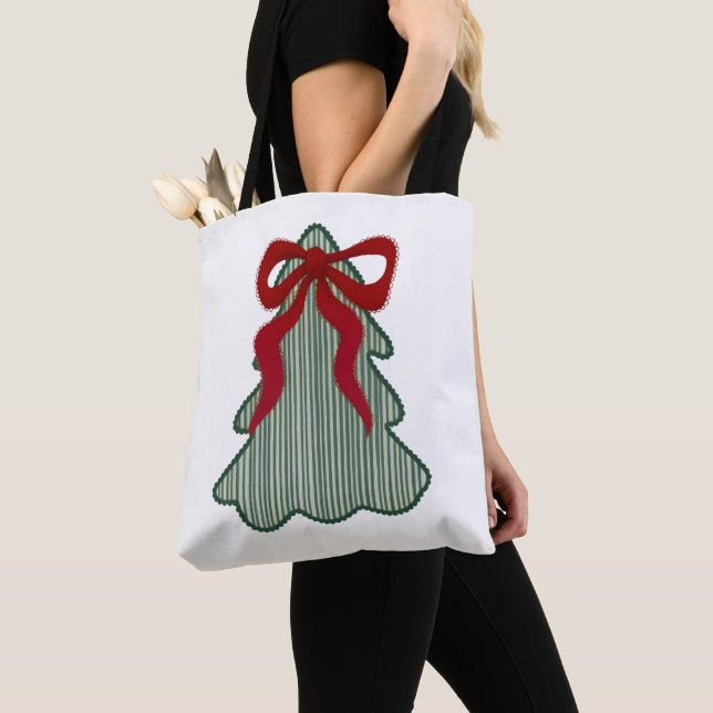 Preppy Christmas Tree Red Bow Hand Drawn Coquette  Tote Bag (Close Up)