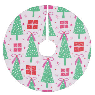 Preppy Christmas Trees with Pink Bows and Gift Box Brushed Polyester Tree Skirt