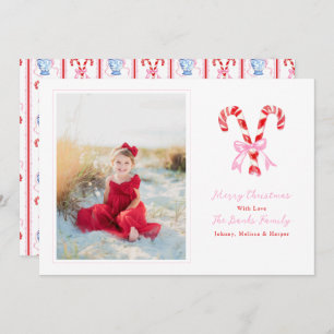 Preppy Christmas Watercolor Candy Canes Pink Bows Holiday Card