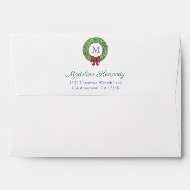 Preppy Christmas Wreath Monogram Return Address Envelope (Back (Top Flap))