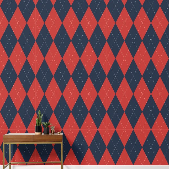 Preppy Classic Argyle Barn Red & Navy Wallpaper (Hallway)