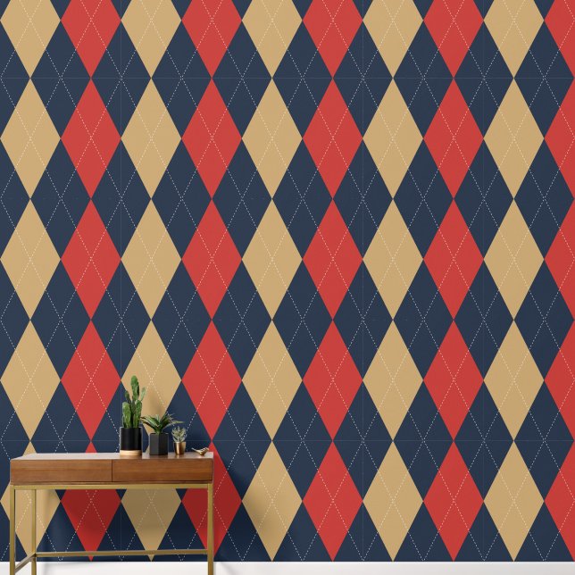 Preppy Classic Argyle Navy, Barn Red & Khaki Wallpaper (Hallway)