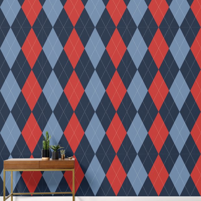 Preppy Classic Argyle Navy, Barn Red & Smoke Blue Wallpaper (Hallway)