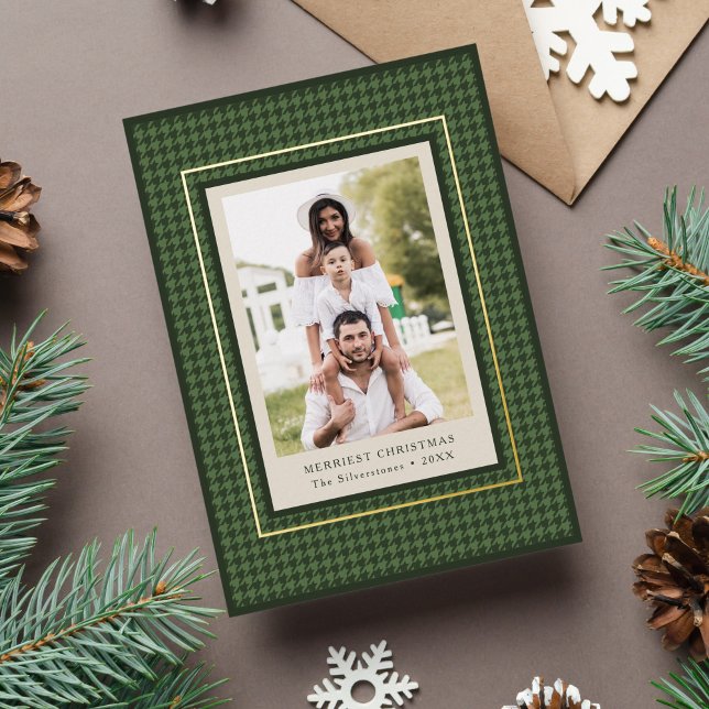 Preppy Classic Green Houndstooth Christmas Photo (preppy, classic Christmas photo card with green houndstooth pattern and gold border)
