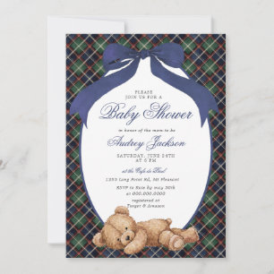Preppy Classic Polo Bear Navy Plaid Baby Shower Invitation