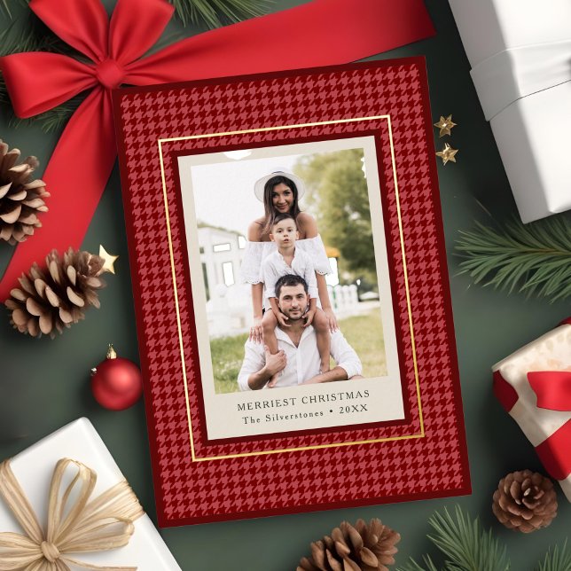 Preppy Classic Red Houndstooth Christmas Photo (red houndstooth classic Christmas photo card)