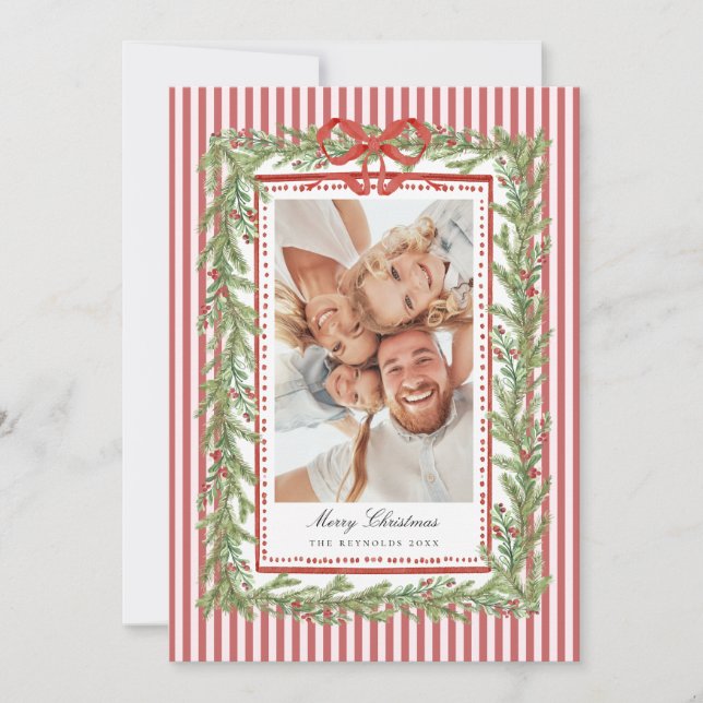 Preppy Coastal Bow Family Photo Christmas Holiday  Card (Front)