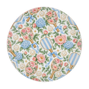 Preppy Coastal Chic Pickleball Blue & Blush Pink Cutting Board