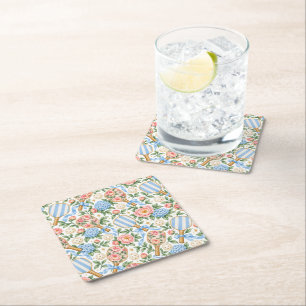 Preppy Coastal Chic Pickleball Blue & Blush Pink Square Paper Coaster