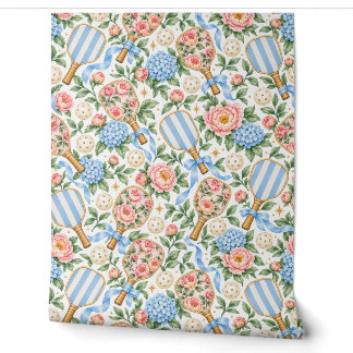 Preppy Coastal Chic Pickleball Blue & Blush Pink Wallpaper