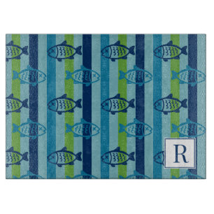 Preppy Coastal Fish Green Blue Stripe Cutting Board