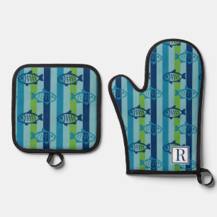 Preppy Coastal Fish Green Blue Stripe Oven Mitt & Pot Holder Set