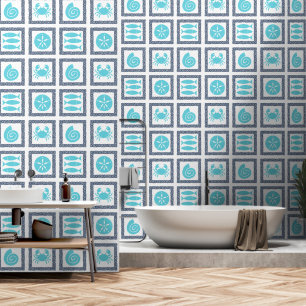 Preppy Coastal Greek Key Navy Turquoise Wallpaper