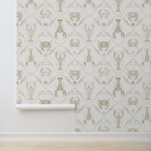 Preppy Coastal Lobsters and Crabs in Sandy Beige Wallpaper (Application)