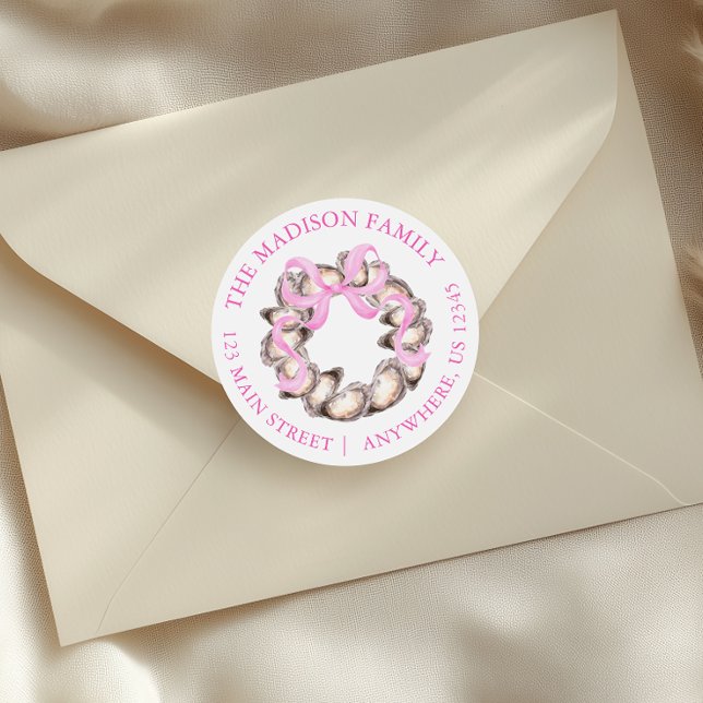 Preppy Coastal Oyster Bow Wreath Christmas Address Classic Round Sticker (Creator Uploaded)