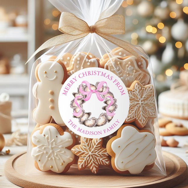 Preppy Coastal Oyster Bow Wreath Christmas Address Classic Round Sticker (Creator Uploaded)