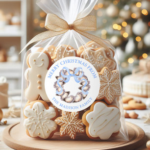 Preppy Coastal Oyster Bow Wreath Christmas Address Classic Round Sticker