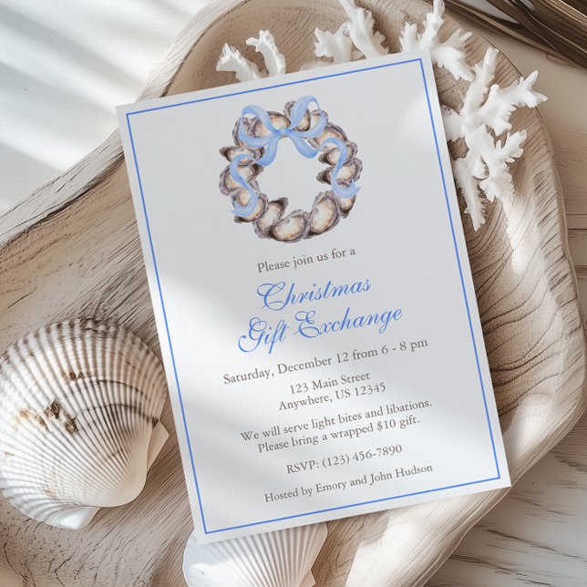 Preppy Coastal Oyster Bow Wreath Christmas Party Invitation (Creator Uploaded)