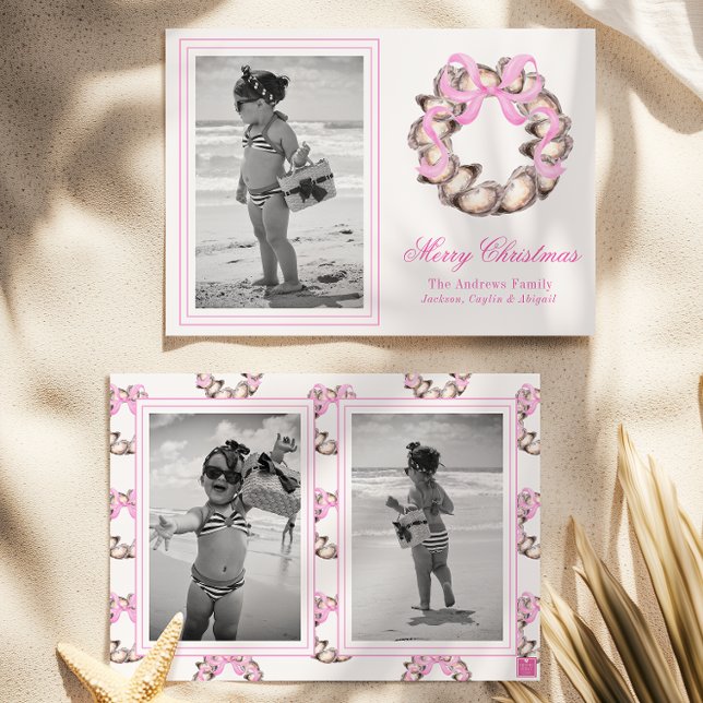 Preppy Coastal Oyster Bow Wreath Photo Holiday Card (Creator Uploaded)