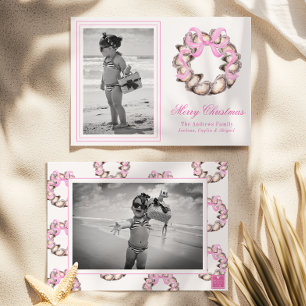 Preppy Coastal Oyster Bow Wreath Photo Holiday Card