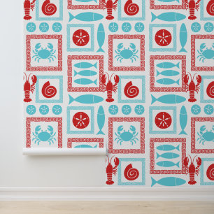 Preppy Coastal Patchwork Red & Turquoise Wallpaper