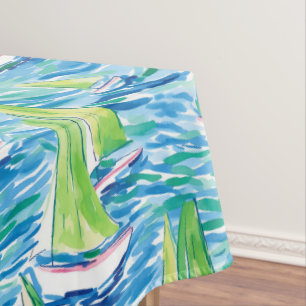 Preppy Coastal Sailboat Blue Green Wave Nautical Tablecloth
