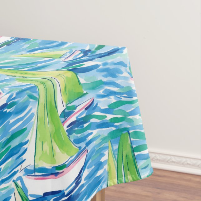 Preppy Coastal Sailboats Tablecloth (In Situ)