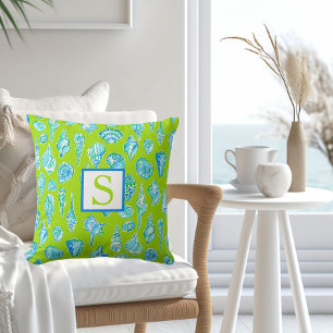 Preppy Coastal Sea Shells on Lime Green Monogram Cushion