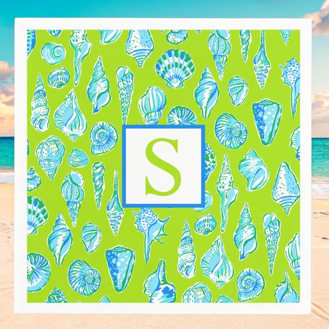 Preppy Coastal Sea Shells on Lime Green Seaside Napkin (Creator Uploaded)