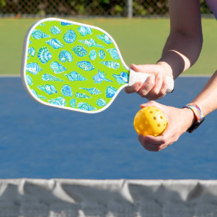 Preppy Coastal Sea Shells on Lime Green Seaside Pickleball Paddle