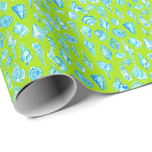 Preppy Coastal Sea Shells on Lime Green Seaside Wrapping Paper