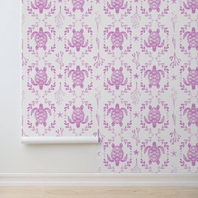 Preppy Coastal Sea Turtles and Coral in Light Pink Wallpaper (Application)