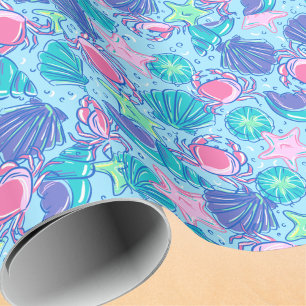 Preppy Coastal Seashell Jellyfish Pink Crab Wrapping Paper