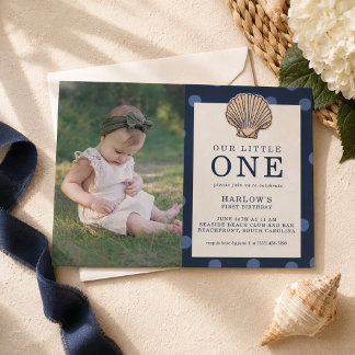 Preppy Coastal Shell First Birthday Photo Invitation