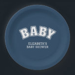 Preppy Collegiate Varsity Navy Baby Shower Paper Plate<br><div class="desc">Add the perfect finishing touch to your celebration with these Preppy Varsity Collegiate Navy Baby Shower Paper Plates, designed to bring classic charm and stylish detail to your baby shower décor. Featuring bold varsity-style lettering, these plates capture the timeless look of preppy collegiate design while celebrating the sweetest reason to...</div>